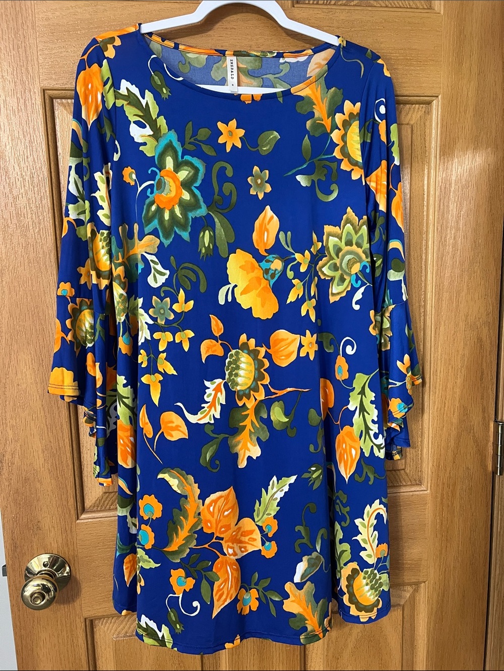 Emerald Blue Floral A-Line Dress with Orange and Green Accents